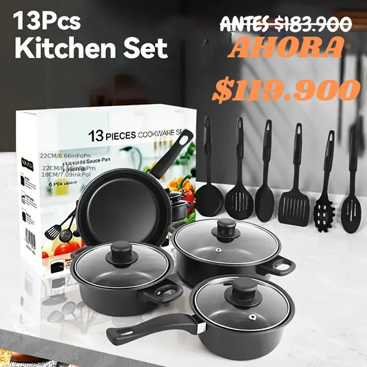 🍲 Set de Ollas y utensilios 13 pzs: Cocina Saludable, Limpieza Fácil y Estilo Vibrante