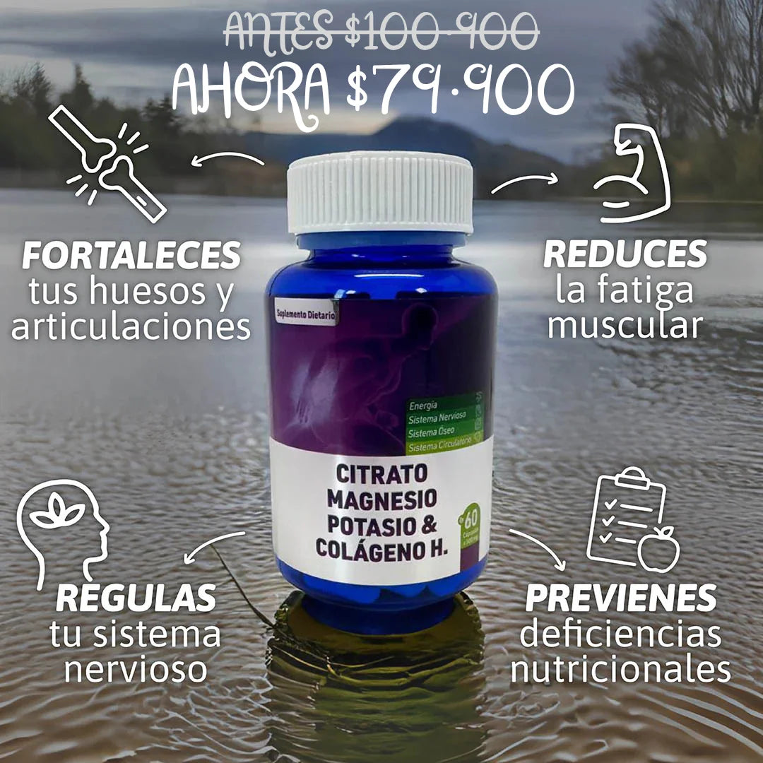 🌙Descansa Mejor, Muévete Sin Calambres: Citrato de Magnesio + Potasio + Colágeno