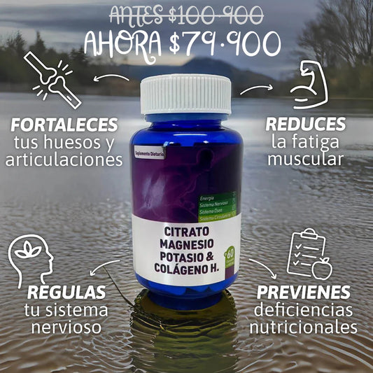 🌙Descansa Mejor, Muévete Sin Calambres: Citrato de Magnesio + Potasio + Colágeno